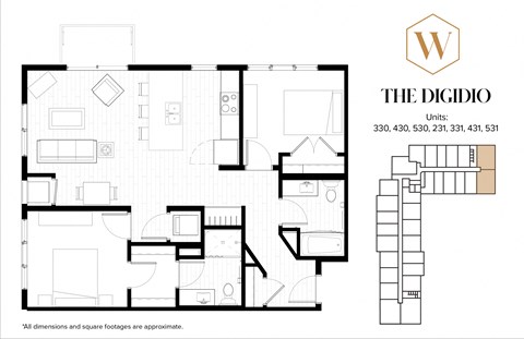 Floor plan for 2 beds, 2 baths, 995 sqft